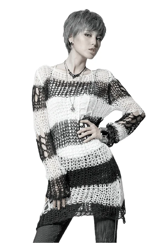 Chic Black and White Striped Long Sweater With Holes Solid Color Striped Floral Print