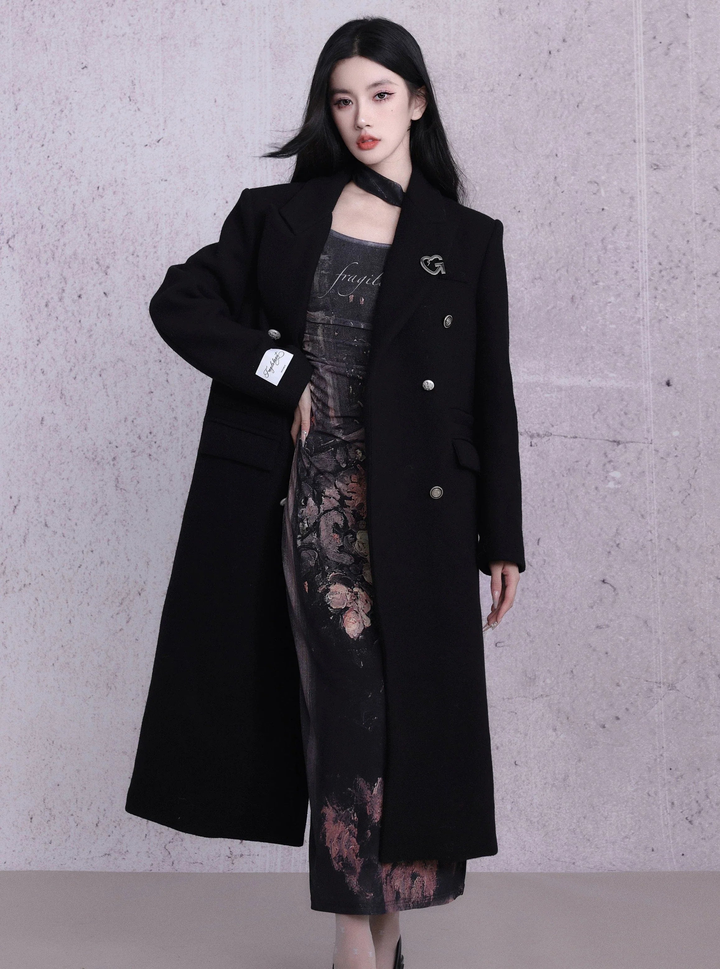 Classic Black Double-Breasted Longline Wool Coat with Silver Buttons Bold Color Block Coat