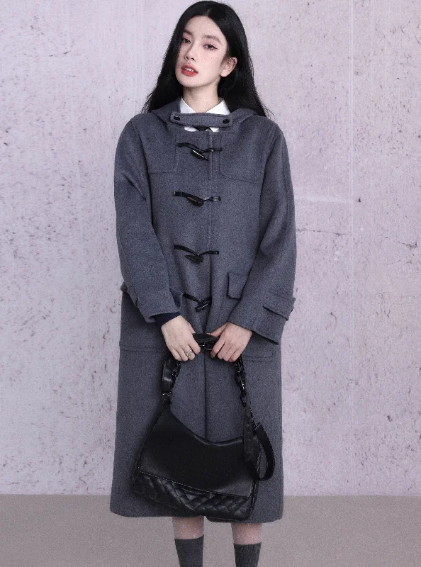Classic Charcoal Duffle Coat - Long Wool Toggle Coat with Hood Stylish Bomber Jacket