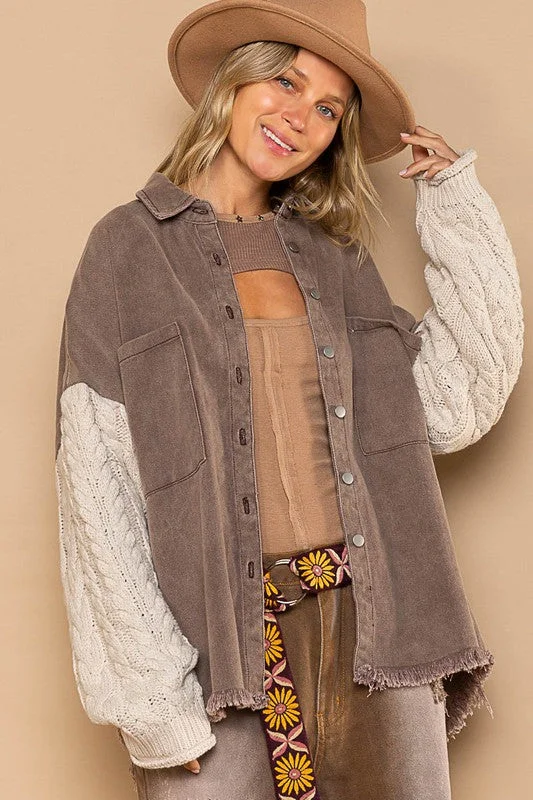 Stand By You Contrast Sweater Sleeve Shacket in Chocolate or Wheat Stylish Fashionable Trendy