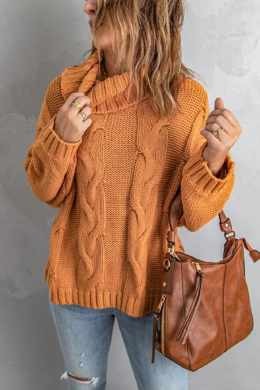 Cozy Cable Knit Sweater with Cowl Neck Mesh Fabric Canvas Fabric Denim Fabric