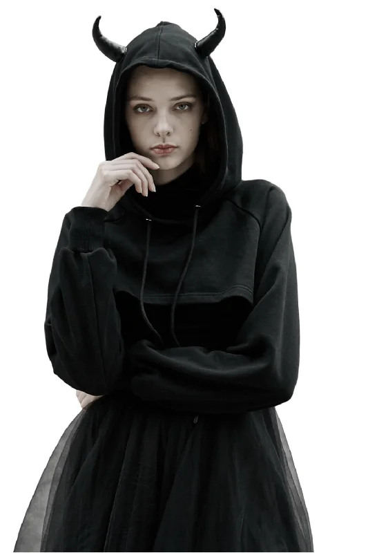 Edgy Black Crop Hoodie with Devil Horns and Tail Hoodie with Embroidery Detailed Premium Edgy Black Crop Hoodie with Devil Horns and Tail Hoodie with Embroidery Detailed Premium