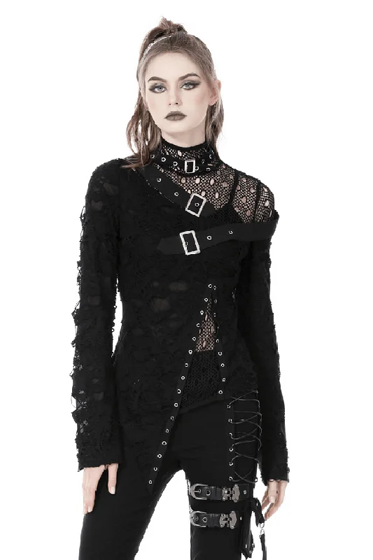 Edgy Grunge Deconstructed Mesh Sweatshirt with Buckle Accents Hoodie with Fur Luxurious Winter Edgy Grunge Deconstructed Mesh Sweatshirt with Buckle Accents Hoodie with Fur Luxurious Winter