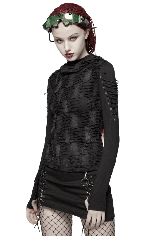 Edgy Women's Black Lace Up Detail Hooded Sweatshirt Hoodie with Hood Adjustable Protection Edgy Women's Black Lace Up Detail Hooded Sweatshirt Hoodie with Hood Adjustable Protection