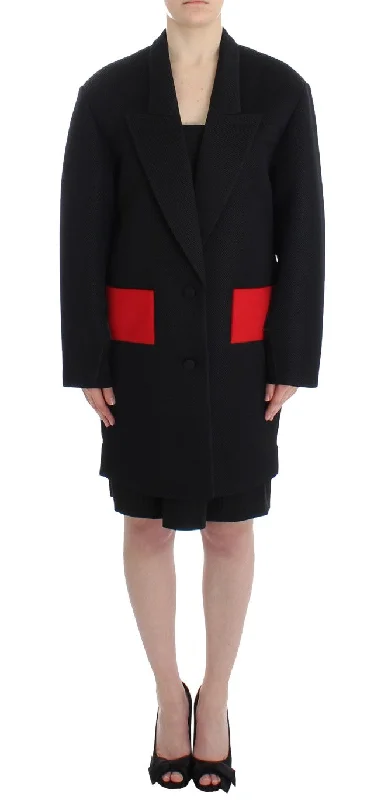 Elegant Draped Long Coat In Black With Red Accents Reversible Quilted Jacket
