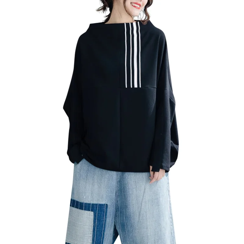 Fashion Black Women's Sweatshirt with White Stripe Printing / Casual Female Bat Sleeve Clothes Hoodie with Typography Text Message Fashion Black Women's Sweatshirt with White Stripe Printing / Casual Female Bat Sleeve Clothes Hoodie with Typography Text Message