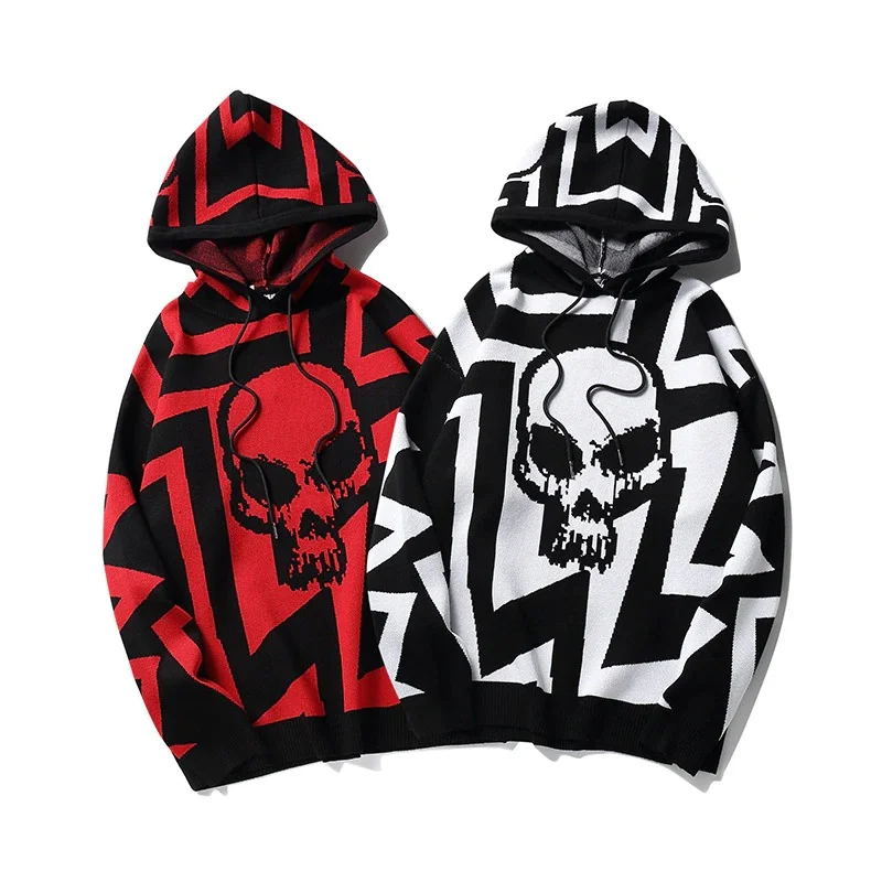 Fashion Women's Knitting Hoody with Skull Print / Vintage Oversize Sweatshirt Hoodie with Half-Zip Sporty Casual
