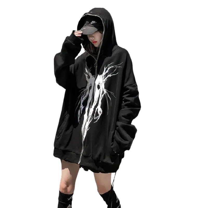 Fashion Women's Zipper Hoodie with Punk Graphic Print / Casual Oversize Black Sweatshirts Hoodie with Distressed Vintage Worn Fashion Women's Zipper Hoodie with Punk Graphic Print / Casual Oversize Black Sweatshirts Hoodie with Distressed Vintage Worn