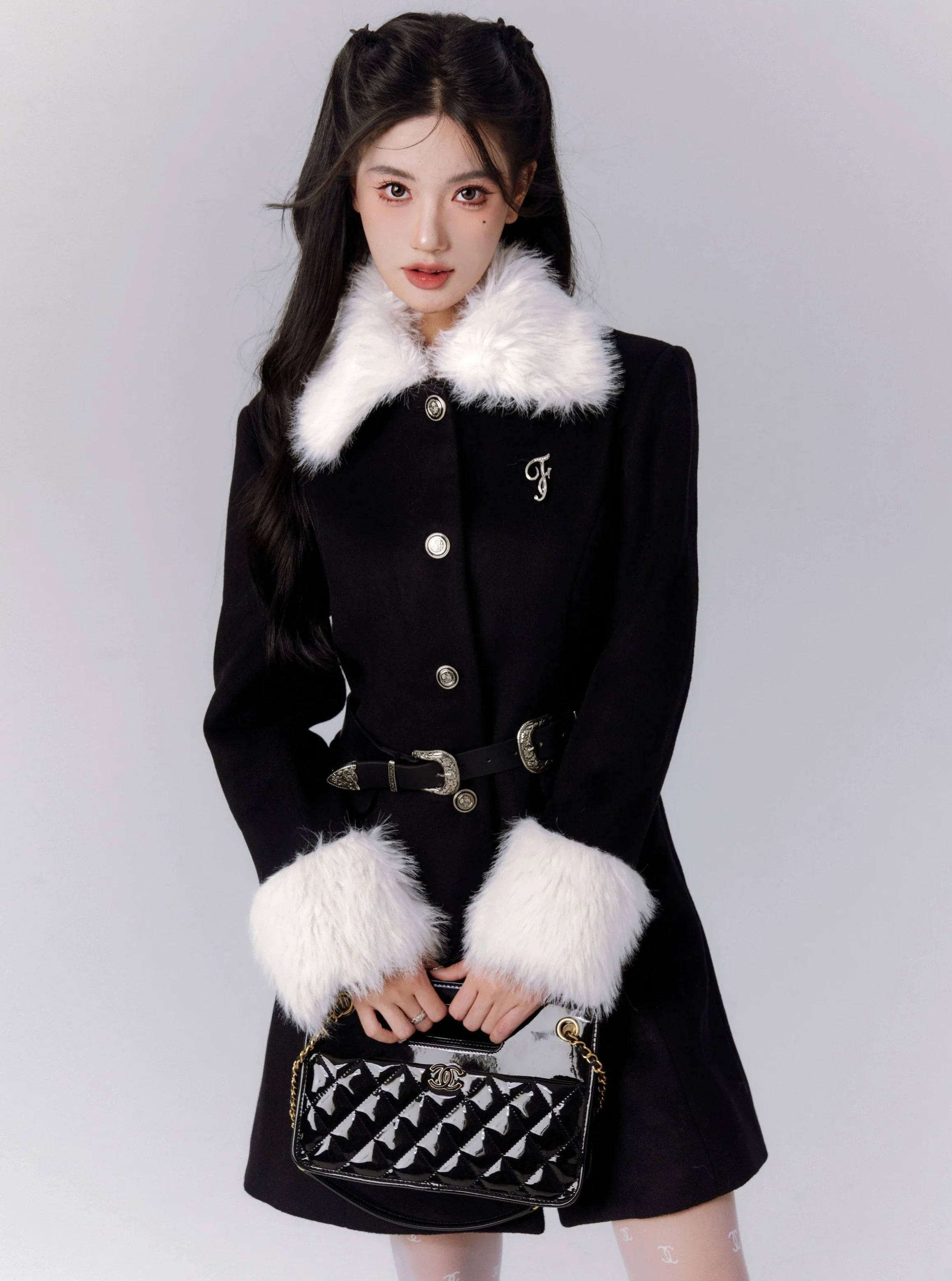Faux Fur Trim Belted Winter Coat Puff Sleeve Blazer