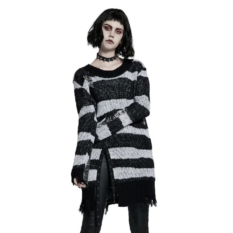 Gothic Black And White Striped Distressed Sweater Silk Blend Satin Velvet