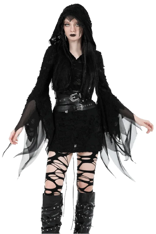Gothic Lace Ripped Hoodie with Flowing Sleeves Hoodie with Ribbed Hem Stretchable Secure Gothic Lace Ripped Hoodie with Flowing Sleeves Hoodie with Ribbed Hem Stretchable Secure