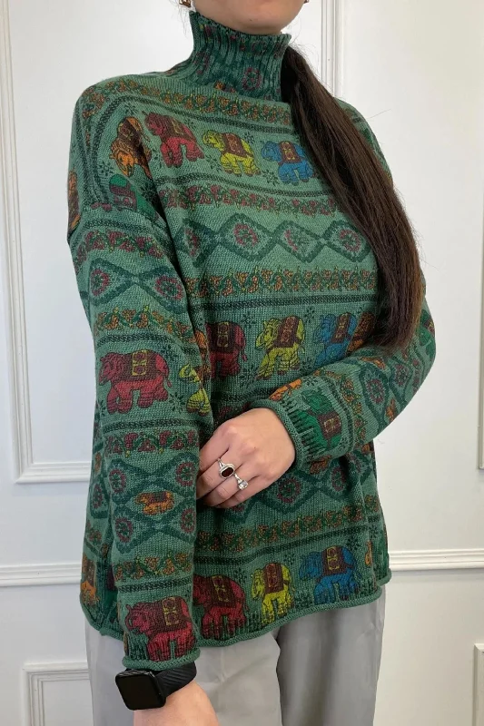 Green Block Print Knitted Sweater Graphic Sweater Embroidered Appliqued