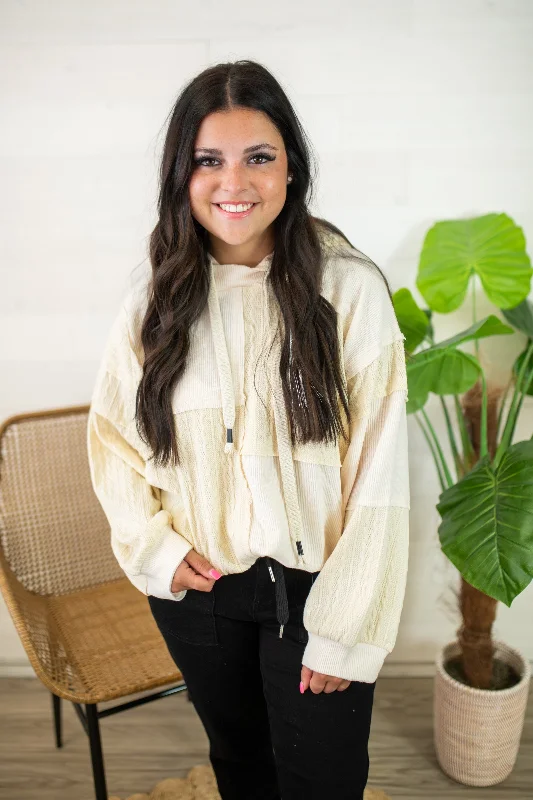 Hoodie Balloon Sleeve Relaxed Fit Knit Top-Cream Hoodie with Hem Fringe Bohemian Relaxed