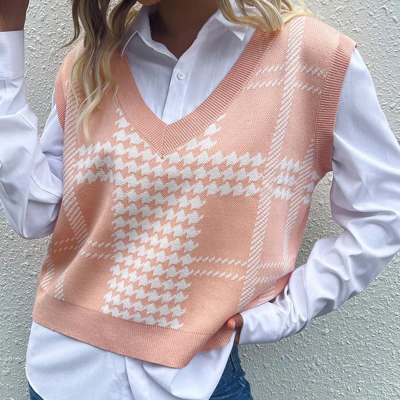 Houndstooth V-Neck Sweater Vest Denim Fabric Leather Fabric Suede Fabric