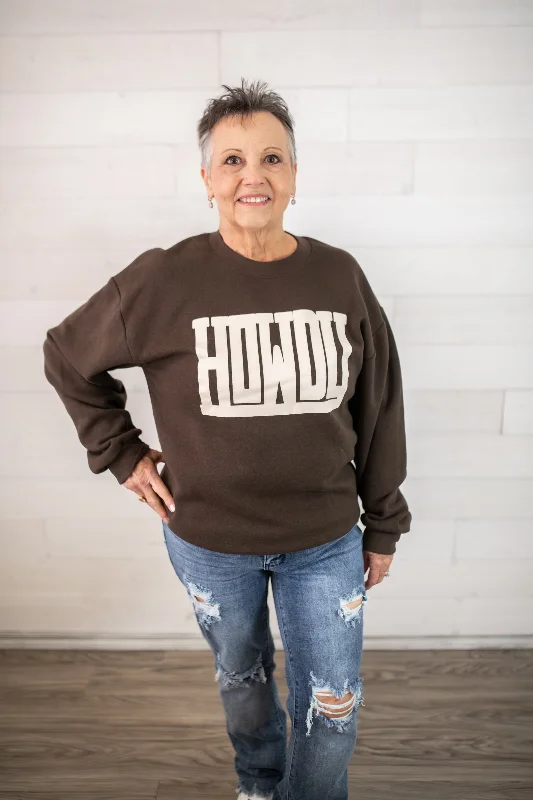 Howdy Fall Sweatshirt-Brown Hoodie with Slit Hem Functional Movement