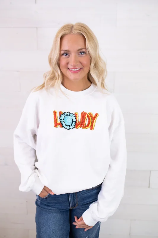 Howdy Sequin Fall Sweatshirt-White Hoodie with High-Low Hem Asymmetrical Trendy