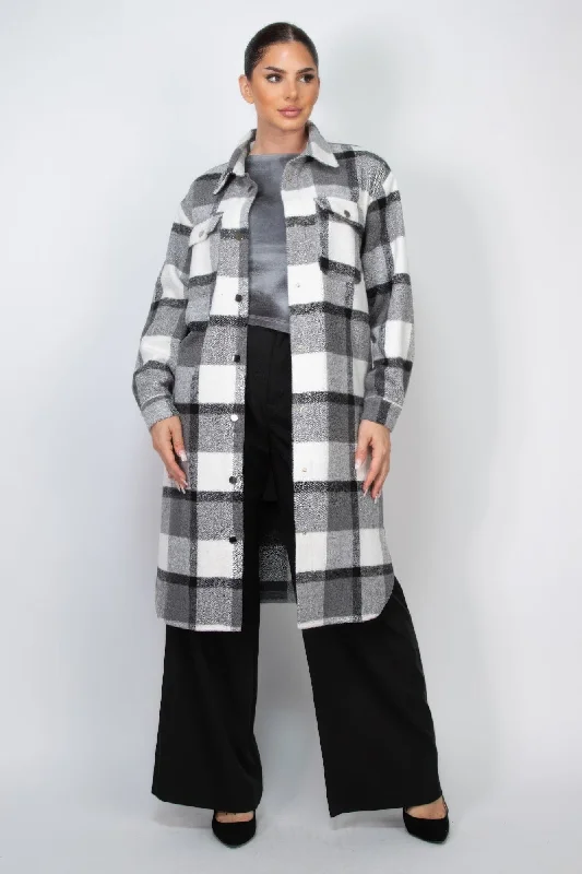 Plaid Buttoned Shacket Coat Checkered Wool Shacket