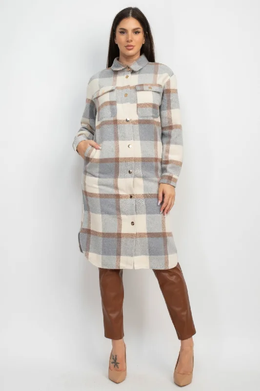Plaid Buttoned Shacket Coat Belted Crossover Blazer