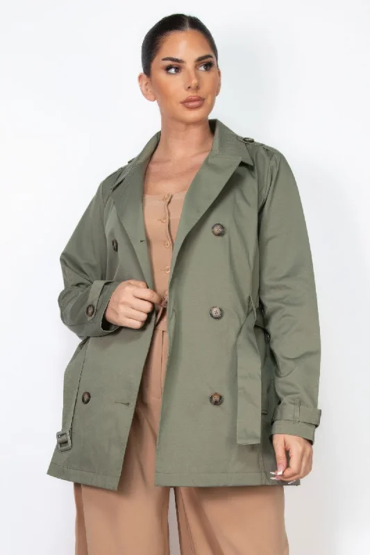 Double-breasted Notch Belted Coat Lightweight Utility Jacket