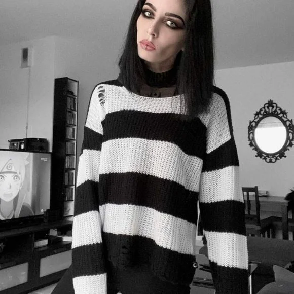 Casey Knit Sweater | Black / White Stripes Unisex Distressed Chenille Brocade Lace