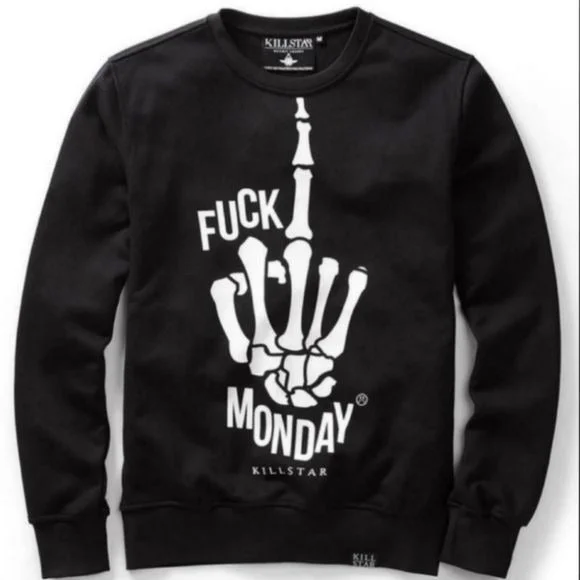 Fuĉķ Monday Pullover Sweatshirt | Black Soft Cotton Unisex Fit Rare Hoodie with Sequins Glamorous Eye-catching Fuĉķ Monday Pullover Sweatshirt | Black Soft Cotton Unisex Fit Rare Hoodie with Sequins Glamorous Eye-catching