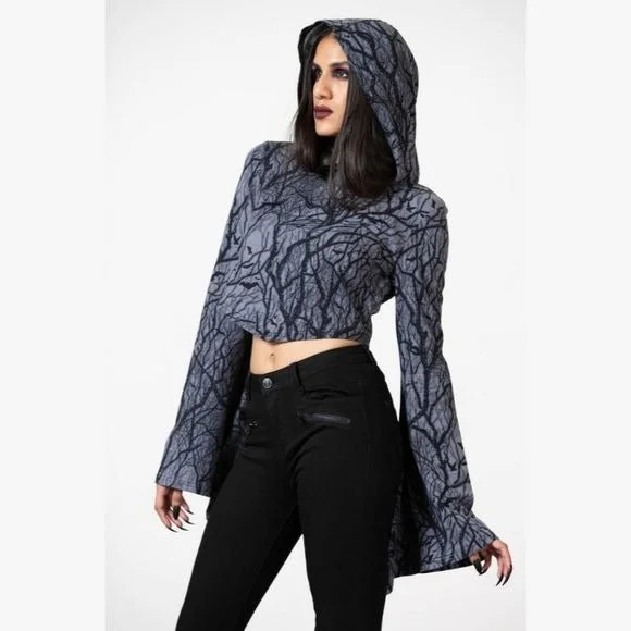 Hex Moon Long Flare Sleeve Cropped Hoodie | Black Soft Cotton Hoodie with Tie-Dye Psychedelic Retro Hex Moon Long Flare Sleeve Cropped Hoodie | Black Soft Cotton Hoodie with Tie-Dye Psychedelic Retro