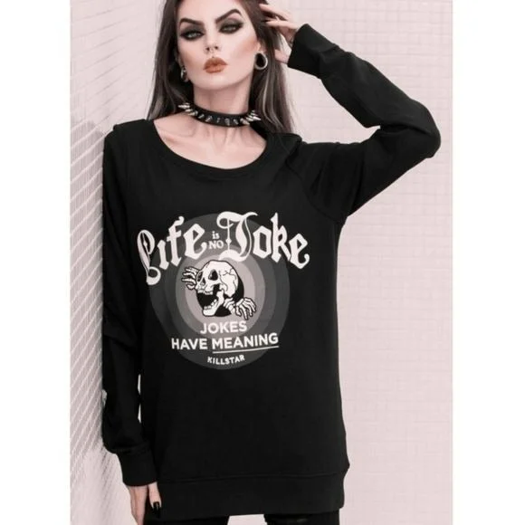 Life Is No Joke Sweatshirt | Black Wide Neck Unisex Cotton Hoodie with Rhinestones Sparkly Elegant