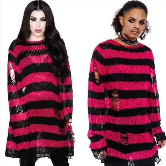 Mika Knit Sweater | Black / Rasberry Stripes Unisex Distressed Long Terry Terry Cloth Terry Knit Mika Knit Sweater | Black / Rasberry Stripes Unisex Distressed Long Terry Terry Cloth Terry Knit