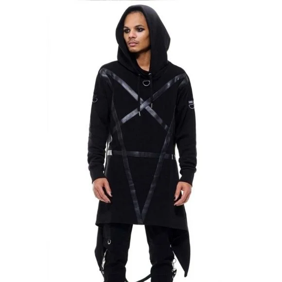 Morpheus Longline Hoodie | Black Oversized Hood Extra Long Length Men's Hoodie with Fur Luxurious Winter Morpheus Longline Hoodie | Black Oversized Hood Extra Long Length Men's Hoodie with Fur Luxurious Winter