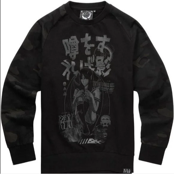 Romour Camo Sweatshirt | Black Soft Cotton Camo Sleeves Hoodie with Lace Feminine Delicate