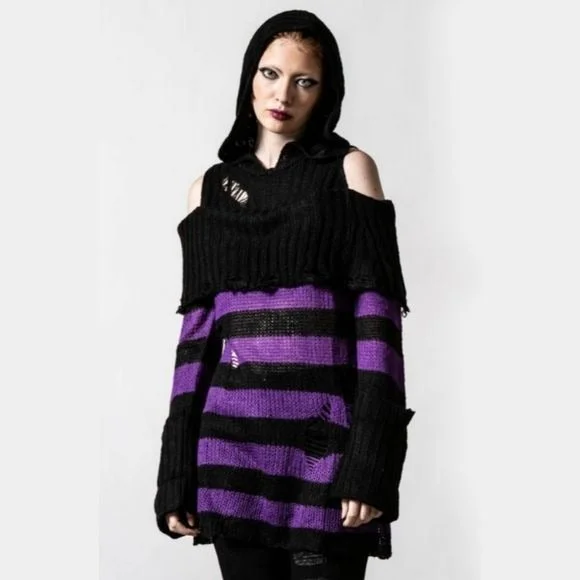 Salvia Hooded Knit Sweater | Black & Plum Stripes Distressed Extra Long Spandex Rayon Corduroy Salvia Hooded Knit Sweater | Black & Plum Stripes Distressed Extra Long Spandex Rayon Corduroy