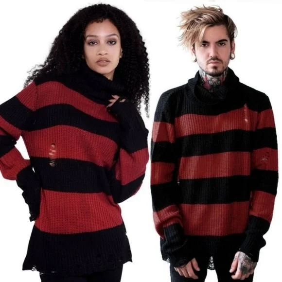 Seven Knit Sweater | Blood Red Distressed Raw Hem Extra Long Striped Fleece Sweater Nylon Polyester Seven Knit Sweater | Blood Red Distressed Raw Hem Extra Long Striped Fleece Sweater Nylon Polyester