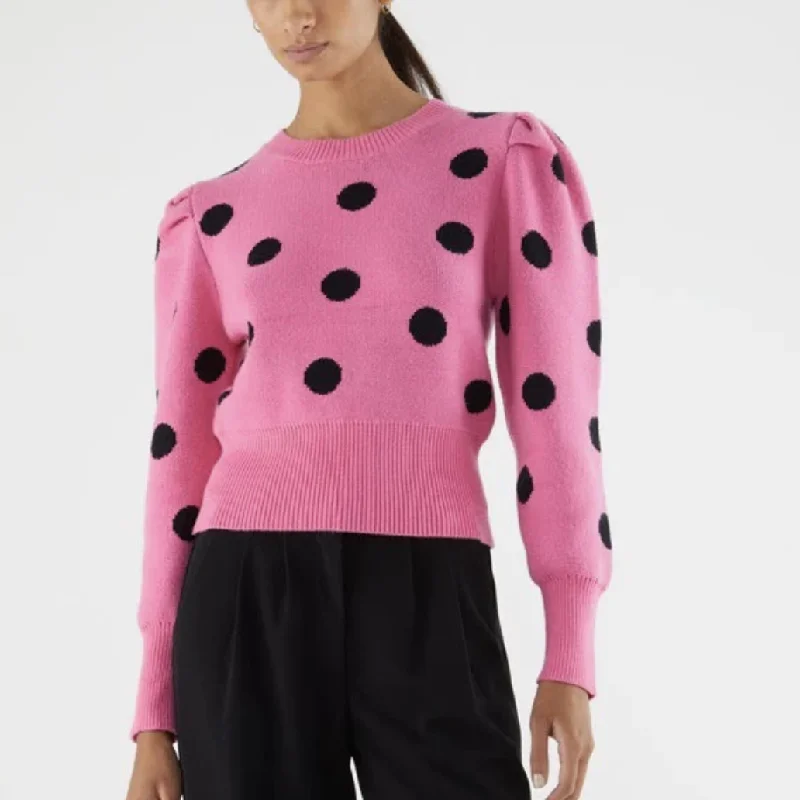 Knit sweater with Puffed Sleeves - Pink Polka Dot Houndstooth Herringbone Solid