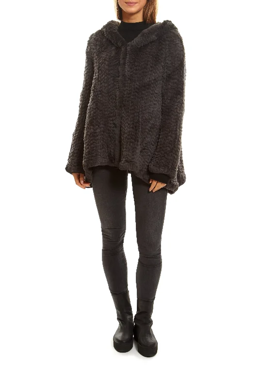 Grey Knitted Real Rex Rabbit Fur Fluted Hoodie Hoodie with Camouflage Military Edgy