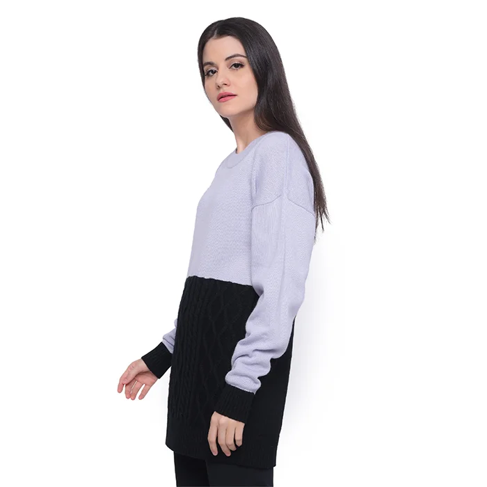 Ladies Round Neck Color Block Sweater Cable Knit Ribbed Knit Lace Knit