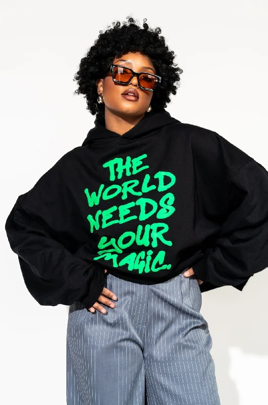 Energy Doesn’t Lie Cropped Hoodie in The World Needs Your Magic Puff Print Hoodie with Button Placket Classic Preppy Energy Doesn’t Lie Cropped Hoodie in The World Needs Your Magic Puff Print Hoodie with Button Placket Classic Preppy