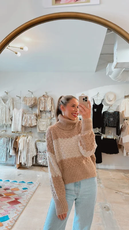 Latte  Turtleneck Sweater Mesh Blend Leather Blend Suede Blend