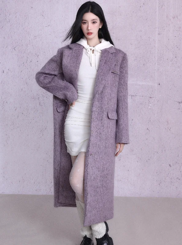Lavender Wool Blend Long Coat Hooded Raincoat Women
