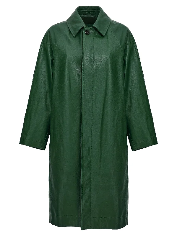 Long Leather Car Coat Puff Sleeve Overcoat