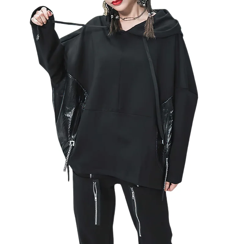 Loose Fit Black Sweatshirt with Joint Pocket / Round Neck Long Sleeve Hoodie Hoodie with Hem Embroidery Detailed Premium