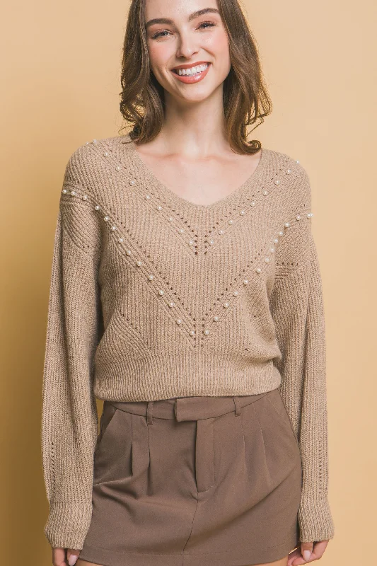 Pearl details sweater Boat Neck Shawl Collar Notched Collar