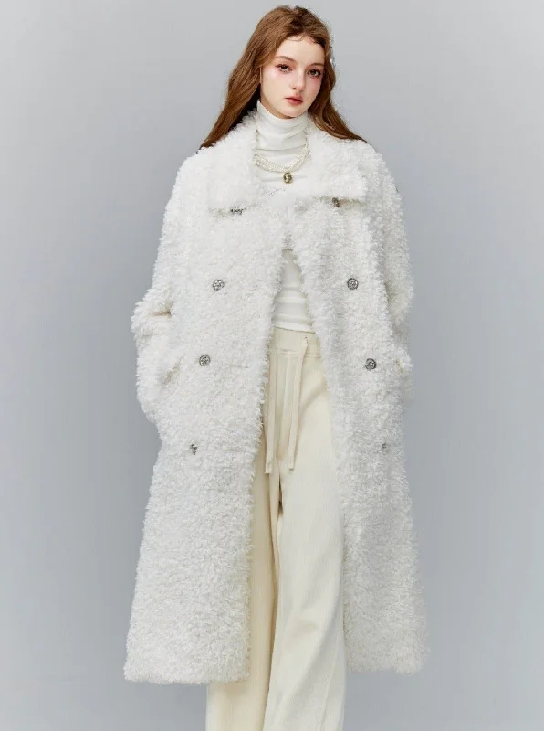 Luxurious White Teddy Bear Coat: Double-Breasted Faux Fur Longline Outerwear Vegan Leather Trench
