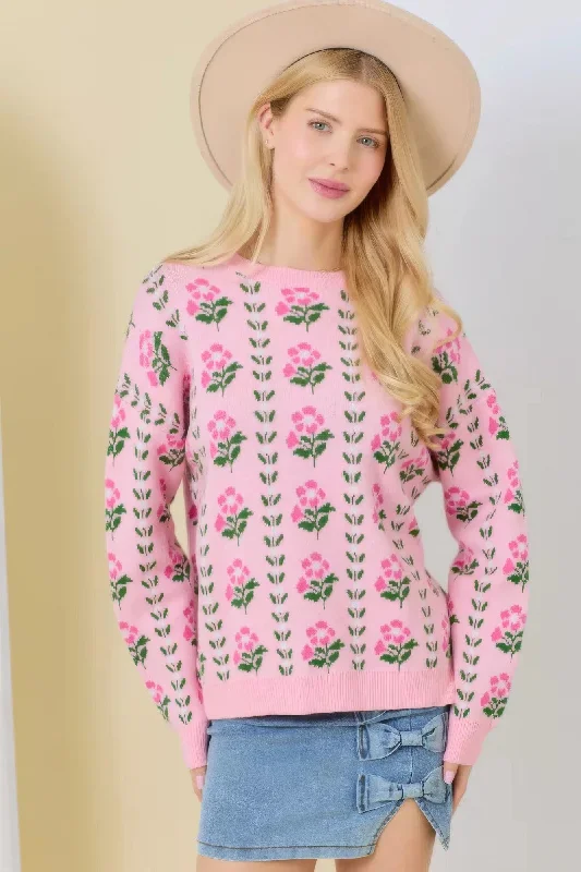 Floral Border Jacquard Sweater Knit Zippered Buttoned Snapped
