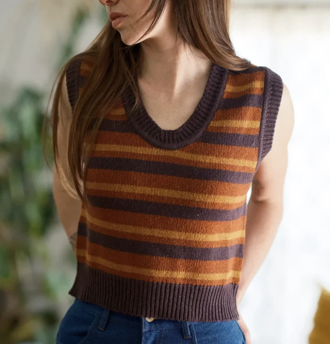 Merino Sweater Vest - Rust Stripe Collared Crew Neck Turtle Neck