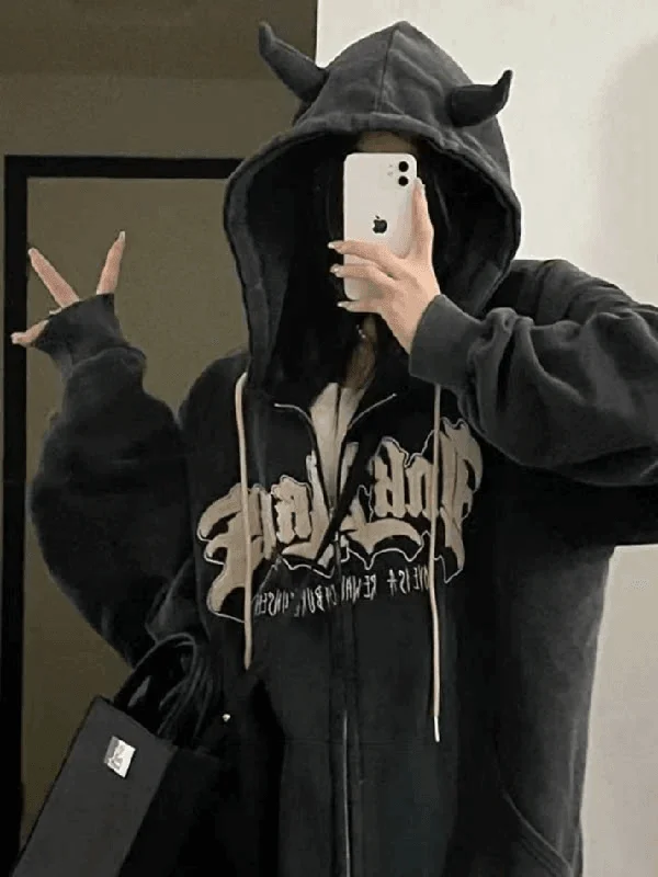 Horn Detail Fleece Lined Zip-Up Hoodie Hoodie with Ribbed Neckline Snug Warm