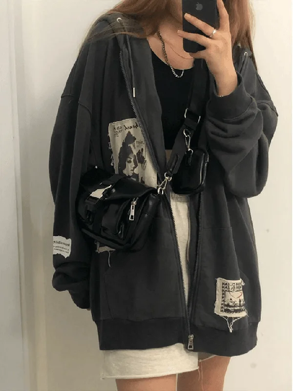 Patchwork Zip Up Hoodie Hoodie with Puffed Sleeves Voluminous Trendy
