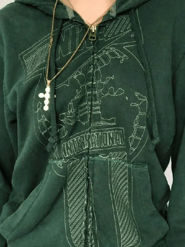 Vintage Wash Green Zip Up Hoodie Hoodie with Relaxed Fit Easy Casual