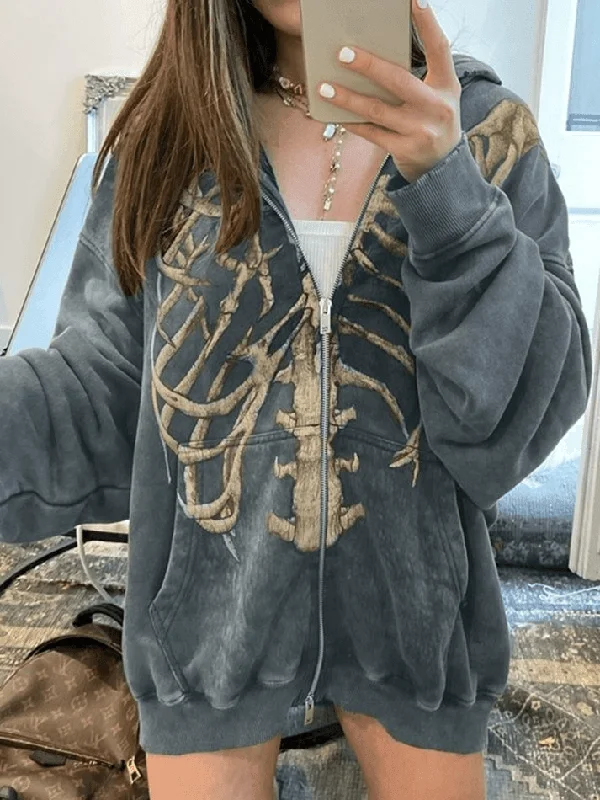 Velvet Skeleton Graphic Zip Up Hoodie Hoodie with Earth Tones Natural Calm
