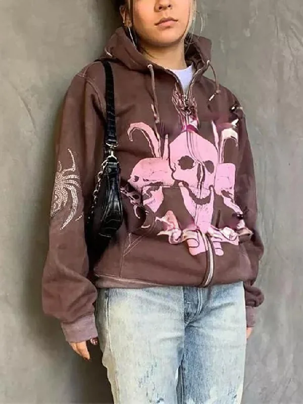 Skeleton Graphic Zip-Up Hoodie Hoodie with Metallic Shiny Futuristic