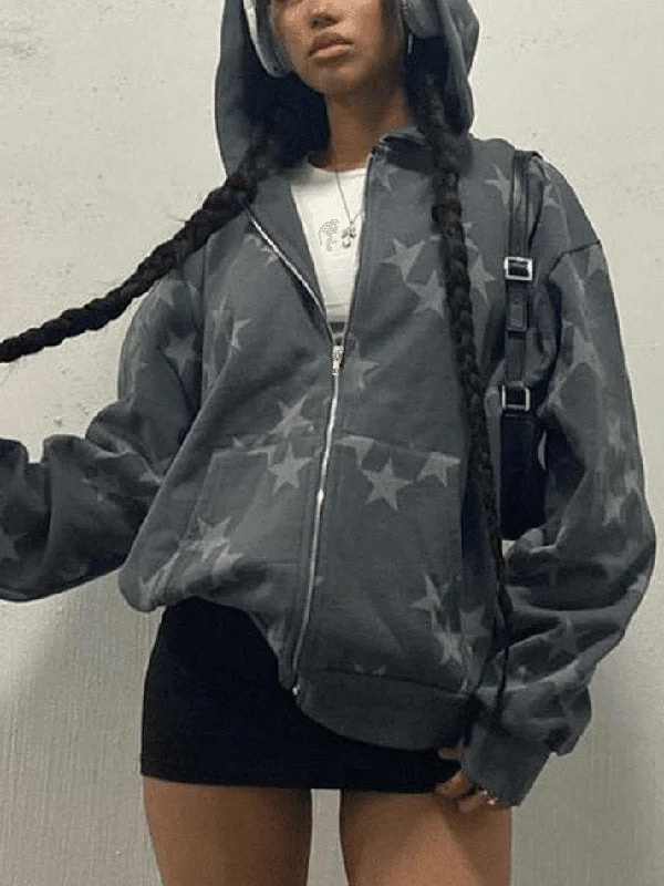 Star Print Zip Up Hoodie Hoodie with Tie-Dye Psychedelic Retro